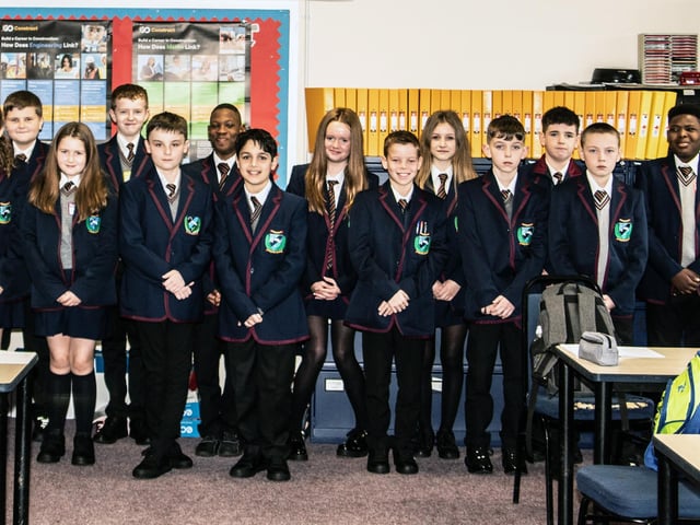 One of the Year 8 classes pictured at Oakgrove Integrated College on Monday. : Oakgrove Integrated College welcomes latest influx of Year 8 pupils