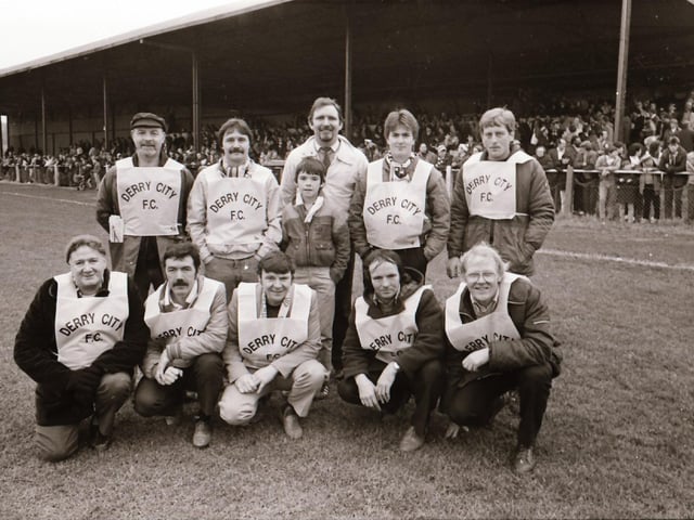 Players, club officials and staff and fans as Derry City FC face Finn Harps FC at Ballybofey in their first league meeting.