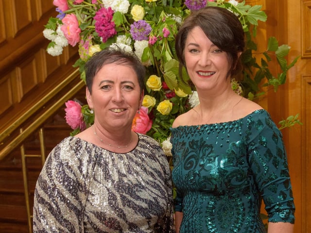 The Mayor Councillor Patricia Logue hosted the annual Mayor’s Ball in the Guildhall in aid of her crossed Charities the Foyle Hospice and Ryan McBride Foundation. Pictured at the event are guests, Annemarie Casey and Kathleen Gallagher. Picture Martin McKeown. 24.05.24