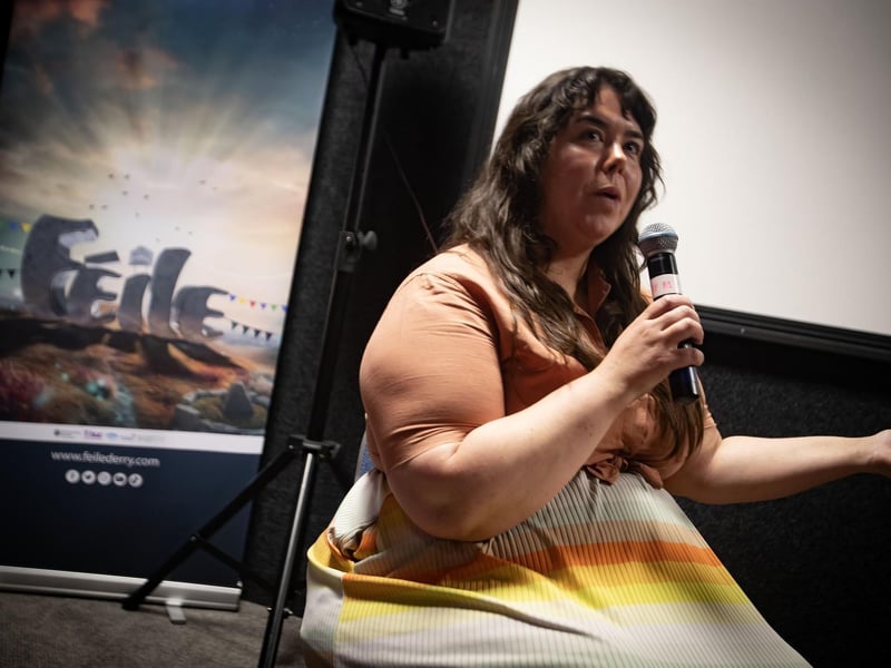 Olivia Heaton addressing the audience during the Q&A after the Dennis Harvey films 'The Building and Burning of a Refugee Camp' and 'I Must Away' at the Nerve Centre, Magazine Street on Tuesday night. The event was part of Féile 24.