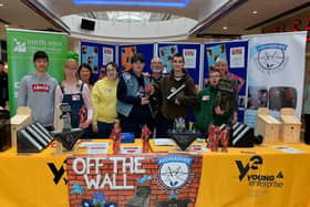 Staff and students from Ardnashee School and College pictured at their ‘Off The Wall’ stall during the Young Enterprise trade fair held in the Foyleside Shopping Centre on Friday. Photo: George Sweeney. DER2307GS – 59