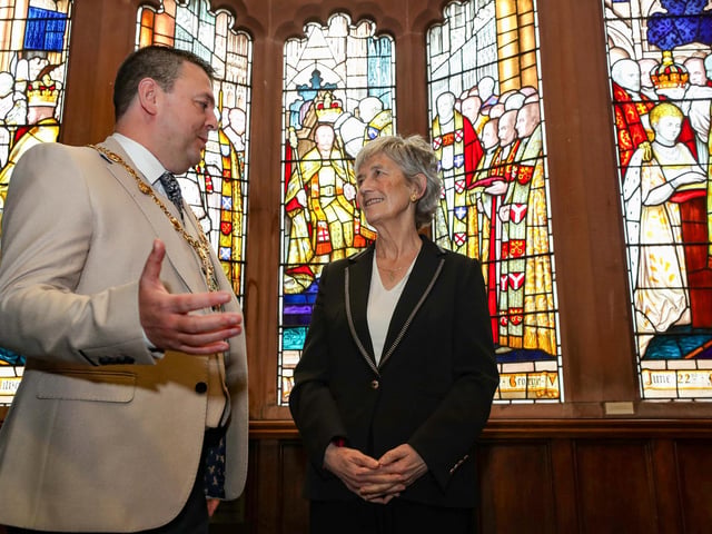 Irish President Catherine and the Mayor of Derry and Strabane Councillor Ruairí McHugh at the coronation window in the Guildhall. Photo Lorcan Doherty