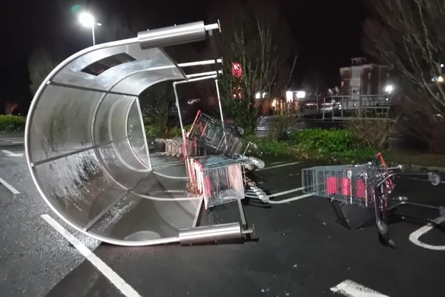 A trolley canopy in Sainsbury’s supermarket in Derry capsized and was sent flying across the car park.