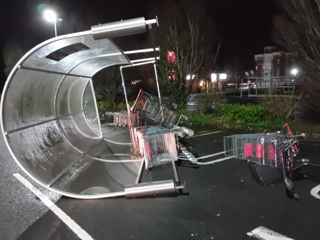 A trolley canopy in Sainsbury’s supermarket in Derry capsized and was sent flying across the car park.