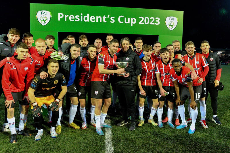 February 2023: Derry City players with the President’s Cup after their victory over Shamrock Rovers at the Brandywell  Photo: George Sweeney.