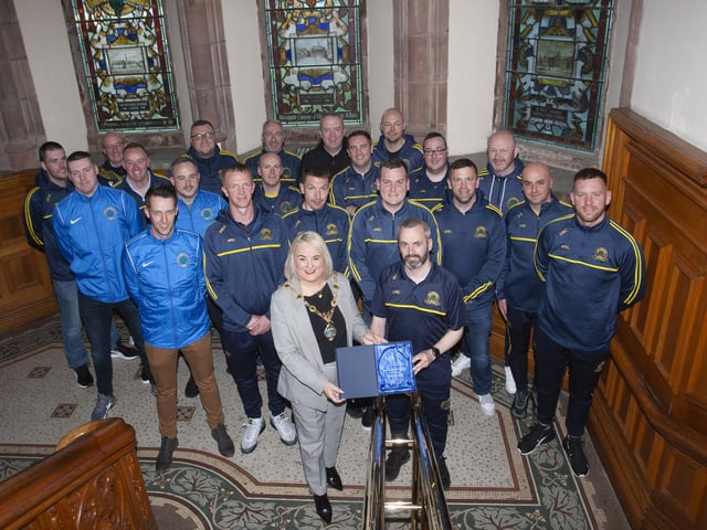 50 YEARS OF BOSCOS. . . . . .Don Boscos FC coaches pictured with Mayor Sandra Duffy at Friday night’s reception to mark the club’s 50th anniversary. Front centre is club chairperson Marty Crumley. (Photos: Jim McCafferty Photography)