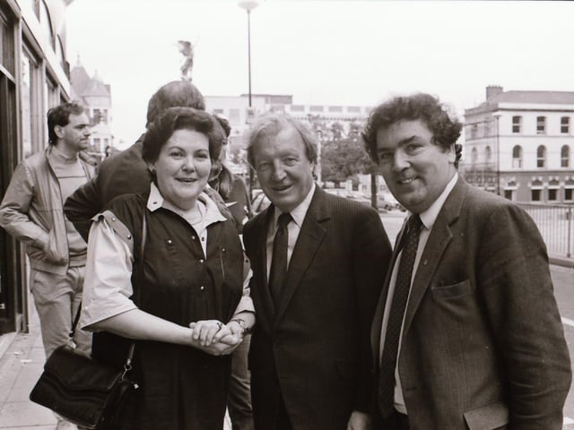 Former Taoiseach Charlie Haughey with John Hume on a visit to Derry and Ballyliffin and being filmed for a Channel 4 TV series.