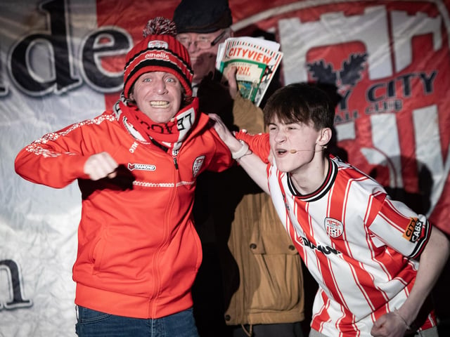 City fans go wild as they score against Dundalk. . . .City Til I Die at the Long Tower Youth Club on Tuesday night. (Photo: Jim McCafferty)
