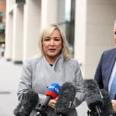 Sinn Fein vice president Michelle O'Neill and Connor Murphy speaking to the media outside Erskine House, Belfast Northern Ireland after meeting Northern Ireland Secretary Chris Heaton-Harris. Picture date: Tuesday November 1, 2022.