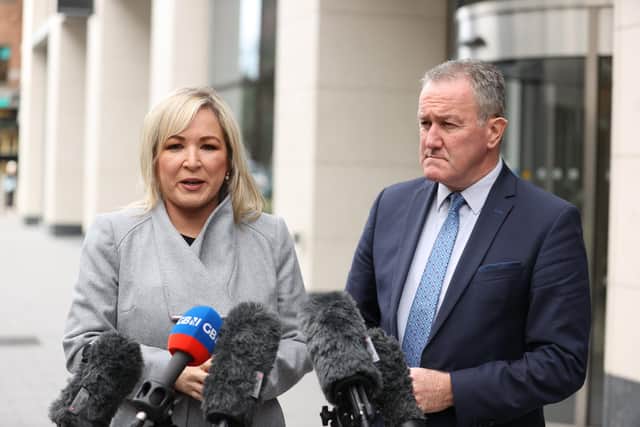 Sinn Fein vice president Michelle O'Neill and Connor Murphy speaking to the media outside Erskine House, Belfast Northern Ireland after meeting Northern Ireland Secretary Chris Heaton-Harris. Picture date: Tuesday November 1, 2022.