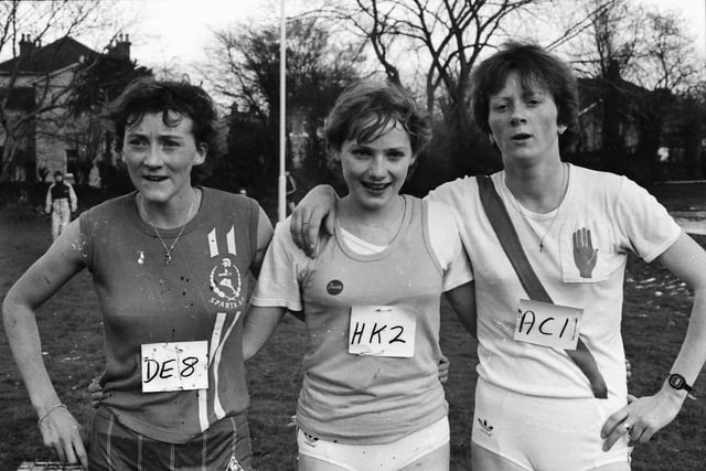 The top three female runners at the Ulster Cross Country Championships at St Columb's Park in Derry 40 years ago.