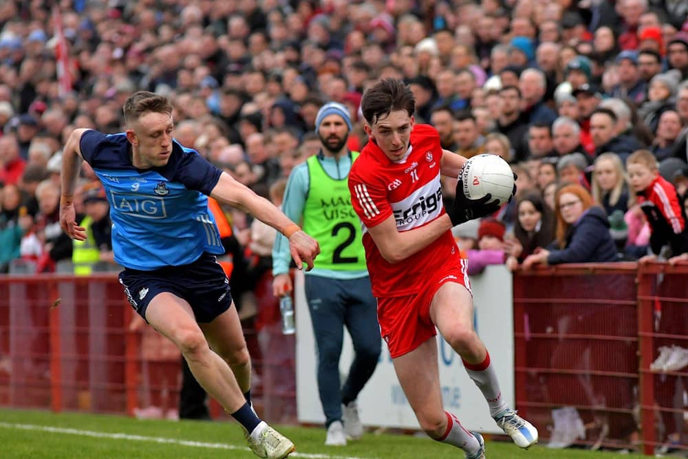 Paul Cassidy evades a challenge from Dublin's Tom Lahiff during the recent League meeting in Celtic Park. Photo: George Sweeney. DER2309GS – 46