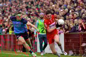 Paul Cassidy evades a challenge from Dublin's Tom Lahiff during the recent League meeting in Celtic Park. Photo: George Sweeney. DER2309GS – 46