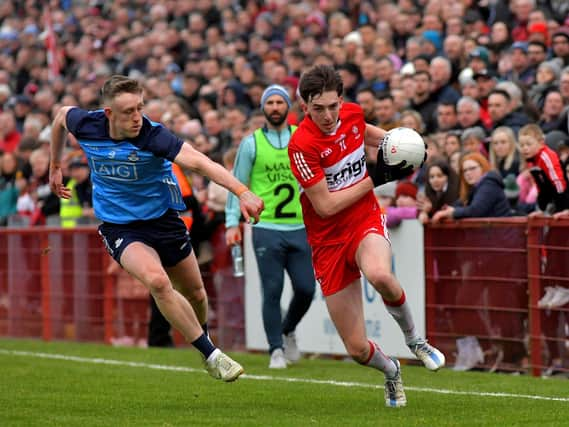 Paul Cassidy evades a challenge from Dublin's Tom Lahiff during the recent League meeting in Celtic Park. Photo: George Sweeney. DER2309GS – 46