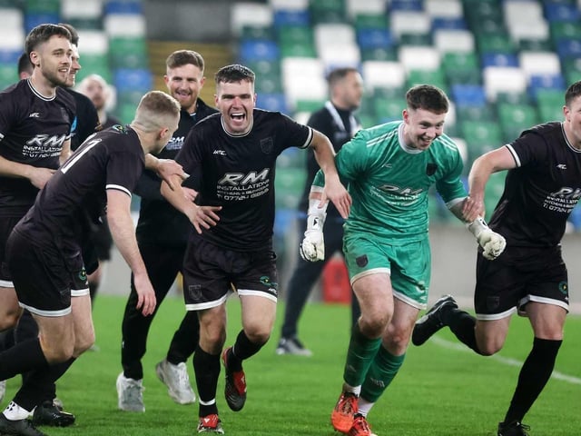 CUP CHAMPIONS: Ardmore players race away in celebration after winning Friday's fonaCAB Craig Stanfield Irish Junior Cup final at Windsor Park. (Photo: IFA)