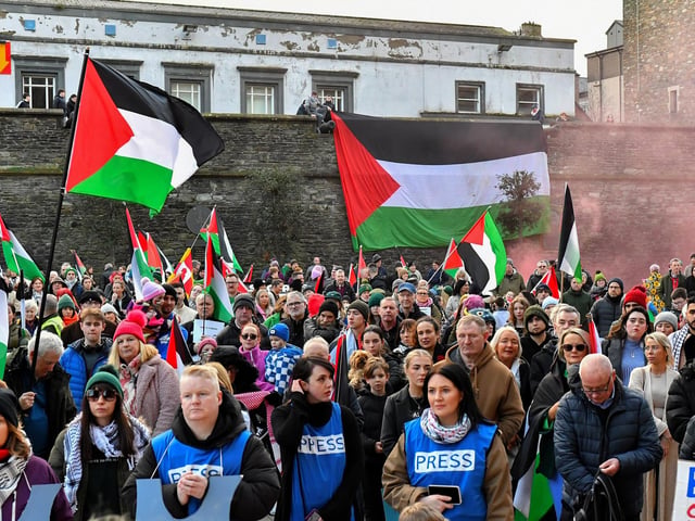 Supporters attend the pro-Palestinian solidarity rally in Derry on Saturday afternoon. Photo: George Sweeney