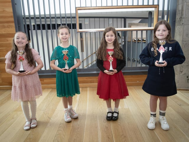 P4 girls Gracie Boyle, Leah Bond, Erin Flynn and Daisy Burke. : Foyle School of Speech and Drama's fantastic annual charity feis for the Foyle Hospice