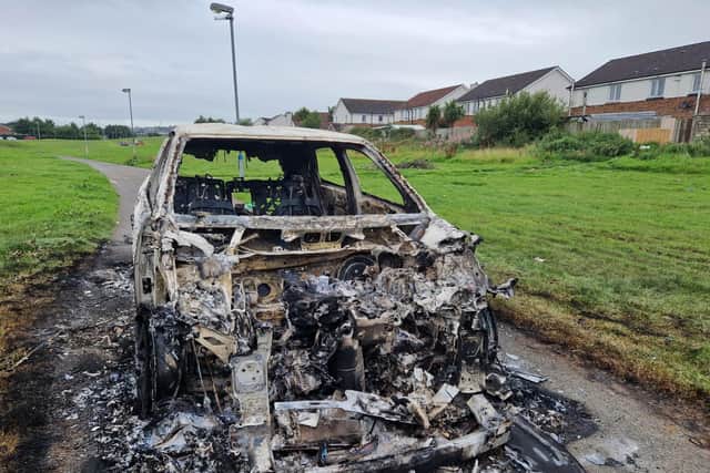 The shell of a car in Galliagh on Wednesday morning.