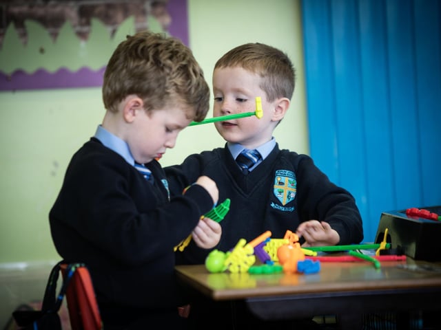 P1 pupils Eoin and Rory in discussion about what they are going to build.