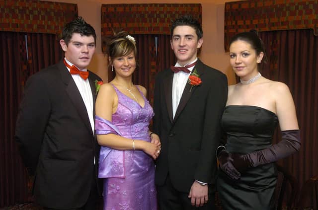 From left, Matthew Deeney, head boy, Lorna McEleney, head girl, Michael Reid, deputy head boy, and Aoife Deeney, deputy head girl. (1801PG09) : Scoil Mhuire Formal in January 2005.
