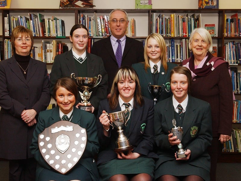 Trophy winners at St. cecilia's College prizegiving. Seated, from left, are Kimberley Donnachie (Drama Award), Nicola Cunningham (Cathy Harkin Memorial Cup and Miss Cunningham Cup for Endeavour) and Jamie Kennedy (School Ambassador Award). Back, from left, are Tina McPhillips, deputy chairperson, Board of Governors, Caitlin Ketelaar (Sports Award), Pat Armstrong, Board of Governors, Lisa McGuinness (Mrs Pedersen award for Commitment), and Mrs. Berna McIvor, Board of Governors. (1912C17):.
