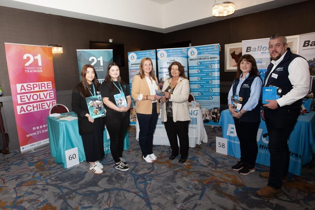 DERRY JOB FAIR. . . .The Mayor of Derry City and Strabane District Council, Patricia Logue pictured at the Derry Job Fair on Tuesday at the City Hotel with, from left, Beth Cassidy and Emma Carlin, Twenty One Training, Una Feeey, Craft Training and Julie and David Meake, Balloo Hire Centres. The event was hosted by Department of Communities, Derry and Strabane Labour Market Partnership and Cross Border Partnership Employment Services. (Photos: Jim McCafferty Photography)