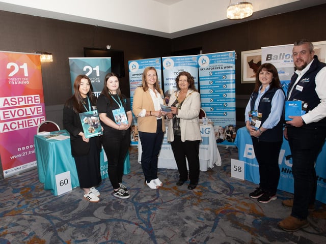 DERRY JOB FAIR. . . .The Mayor of Derry City and Strabane District Council, Patricia Logue pictured at the Derry Job Fair on Tuesday at the City Hotel with, from left, Beth Cassidy and Emma Carlin, Twenty One Training, Una Feeey, Craft Training and Julie and David Meake, Balloo Hire Centres. The event was hosted by Department of Communities, Derry and Strabane Labour Market Partnership and Cross Border Partnership Employment Services. (Photos: Jim McCafferty Photography)