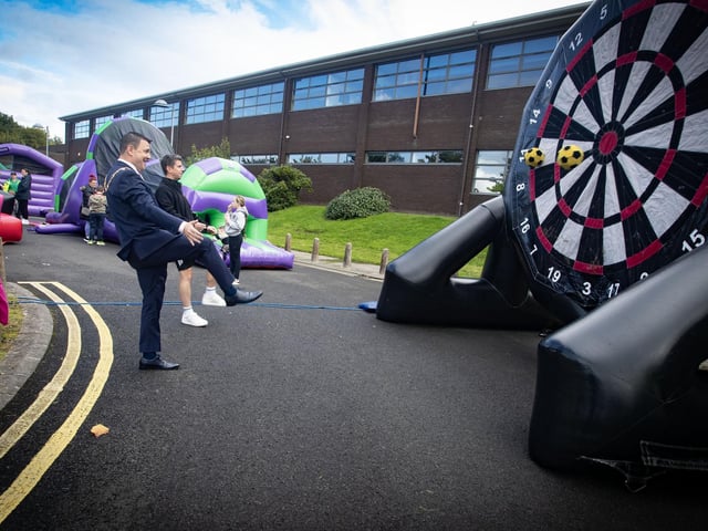 Mayor Ruairí McHugh and Mr. Sean McKay, Acting Principal, St. Brigid's College show off their soccer target skills during Saturday's Festival. (Photos: Jim McCafferty Photography)