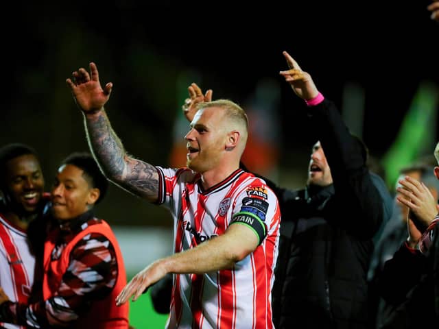 HAPPIER TIMES . . . Mark Connolly celebrates a big win against Bohemians in the FAI Cup semi-final at Dalymount last season.