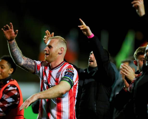 HAPPIER TIMES . . . Mark Connolly celebrates a big win against Bohemians in the FAI Cup semi-final at Dalymount last season.