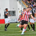 Pat Hoban celebrates scoring Derry City's second goal against FCB Magpies and the striker also had one harshly ruled out. Photograph: George Sweeney