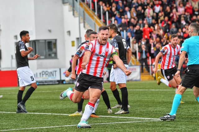 Pat Hoban celebrates scoring Derry City's second goal against FCB Magpies and the striker also had one harshly ruled out. Photograph: George Sweeney
