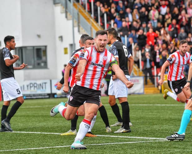 Pat Hoban celebrates scoring Derry City's second goal against FCB Magpies and the striker also had one harshly ruled out. Photograph: George Sweeney