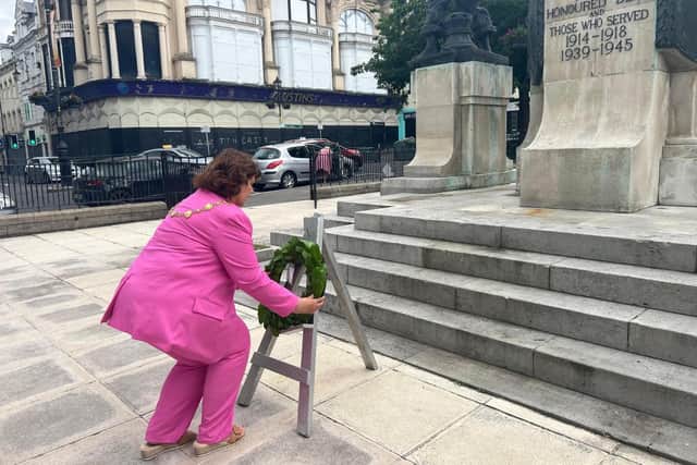 The Sinn Féin Mayor of Derry and Strabane laying a wreath at the Diamond War Memorial on the anniversary of the Battle of the Somme.