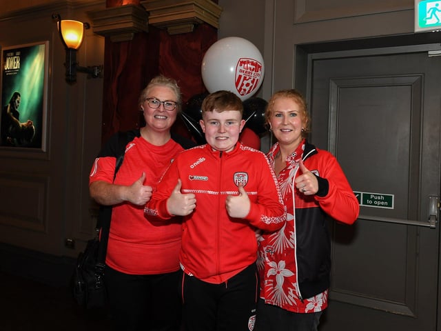Derry City fans pictured at the Brunswick Moviebowl  ahead of the live screening of the candystripes’ Europe Conference League away to FCB Magpies on Thursday evening. Photo: George Sweeney