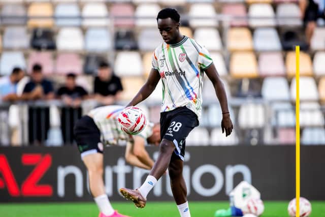 James Olayinka of Derry City warms up before the UEFA Conference League Second Qualifying Round 1st Leg match between HNK Rijeka and Derry City at HNK Rijeka Stadium Rujevica in Rijeka, Croatia. Photo by Vid Ponikvar/Sportsfile