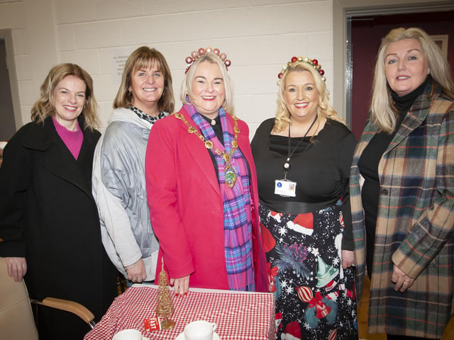 Mayor Sandra Duffy and St. Mary’s Vice Principal Roisin Rice pictured on Saturday with visitors from St. Joseph’s Boys School, Mrs. Fiona Harrigan-Stewart, Vice Principal, Mrs. Siobhan McIntyre, chair, Board of Governors and Mrs. Ciara Deane, Principal.