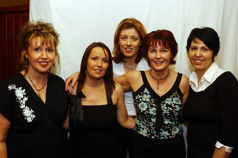 Enjoying the fashion show are, from left, Breege Doherty, Shiela McDermott, Colette Harkin, Bernie McDaid, and Deirdre Bradley. (0405C70):Fashion Show at the Redcastle Hotel in 2004.
