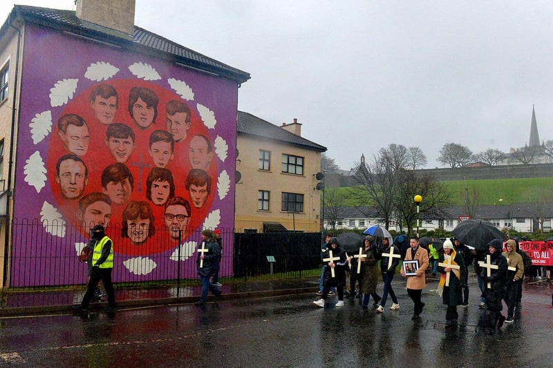 Relatives pass the Bloody Sunday mural on Westland Street during the Bloody Sunday 51 commemoration march on Sunday afternoon.  Photo: George Sweeney. DER2306GS – 31