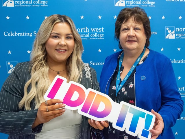 Amy McGonagle with Kathleen McCaul, Head of Business and Professional Services at NWRC, pictured at the Best in Further Education celebrations at North West Regional College.