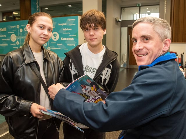Mariia Horeva and Artem Rozhov learn more about NWRC at Open day with help from Brent Young NWRC Careers Academy.