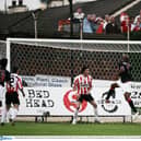Fabrice Pancrate, Paris St Germain, forces David Forde, Derry City into a save during the UEFA Cup, First Round, First leg fixture at Brandywell, Derry. Will we see another major European tie for Irish clubs this year?