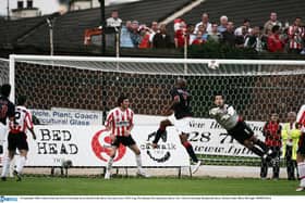 Fabrice Pancrate, Paris St Germain, forces David Forde, Derry City into a save during the UEFA Cup, First Round, First leg fixture at Brandywell, Derry. Will we see another major European tie for Irish clubs this year?