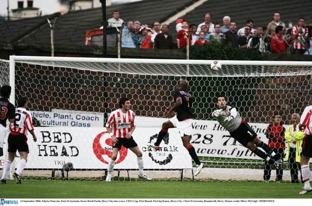 Fabrice Pancrate, Paris St Germain, forces David Forde, Derry City into a save during the UEFA Cup, First Round, First leg fixture at Brandywell, Derry. Will we see another major European tie for Irish clubs this year?