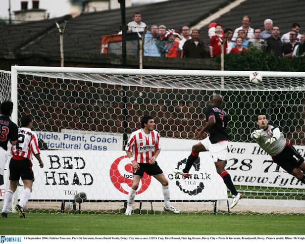 Fabrice Pancrate, Paris St Germain, forces David Forde, Derry City into a save during the UEFA Cup, First Round, First leg fixture at Brandywell, Derry. Will we see another major European tie for Irish clubs this year?