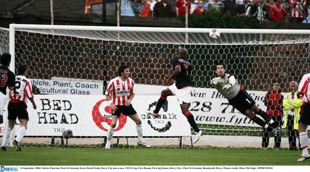 Fabrice Pancrate, Paris St Germain, forces David Forde, Derry City into a save during the UEFA Cup, First Round, First leg fixture at Brandywell, Derry. Will we see another major European tie for Irish clubs this year?