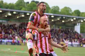 Goalscorers Liam Boyce and Michael Duffy celebrate in front of the Southend Park stand in the first half. Photographs by Kevin Moore.