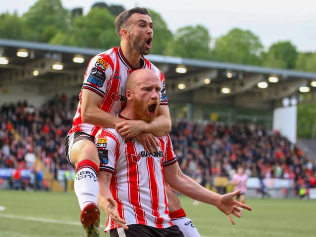 Goalscorers Liam Boyce and Michael Duffy celebrate in front of the Southend Park stand in the first half. Photographs by Kevin Moore.