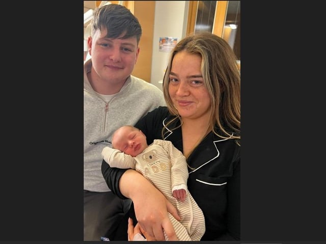 Baby boy Maughan from Enniskillen born on New Year's Eve in SWAH at 18:46 weighing 6lbs 14oz with mum and dad Chantel and Logan.