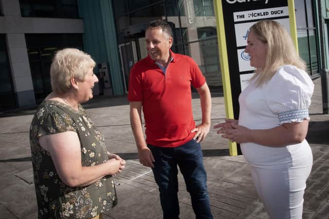 Keynote speaker at last week's 'Fathers and Perinatal Mental Health' two day specialist training workshops, Mark Williams, in conversation with Marie Dunne and Mandy Chism, Resilio, outside the Catalyst Centre, Derry. 